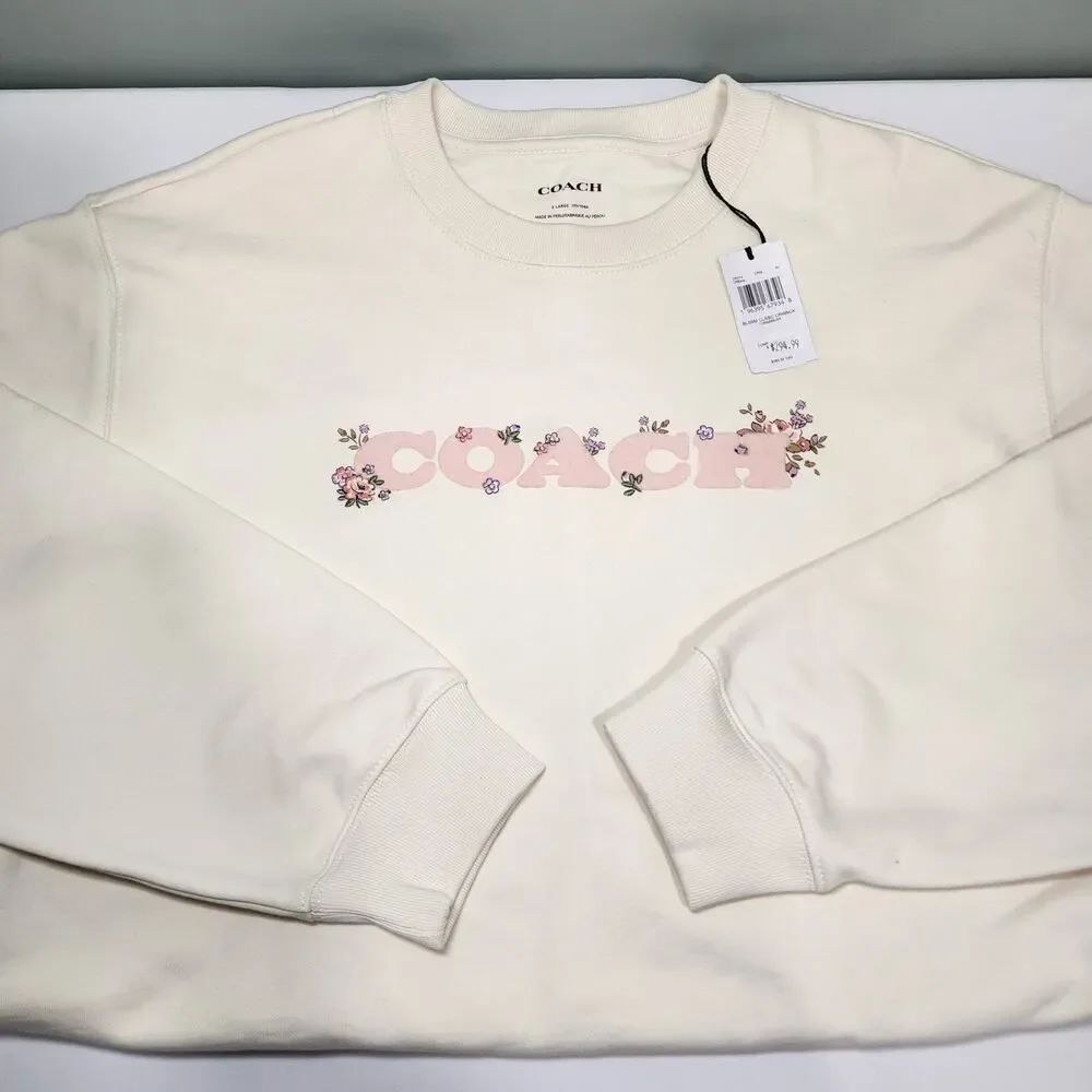 NWT Coach CAH70 Woman Spring Blossom Print Classic Crewneck Sweatshirt Cream XL